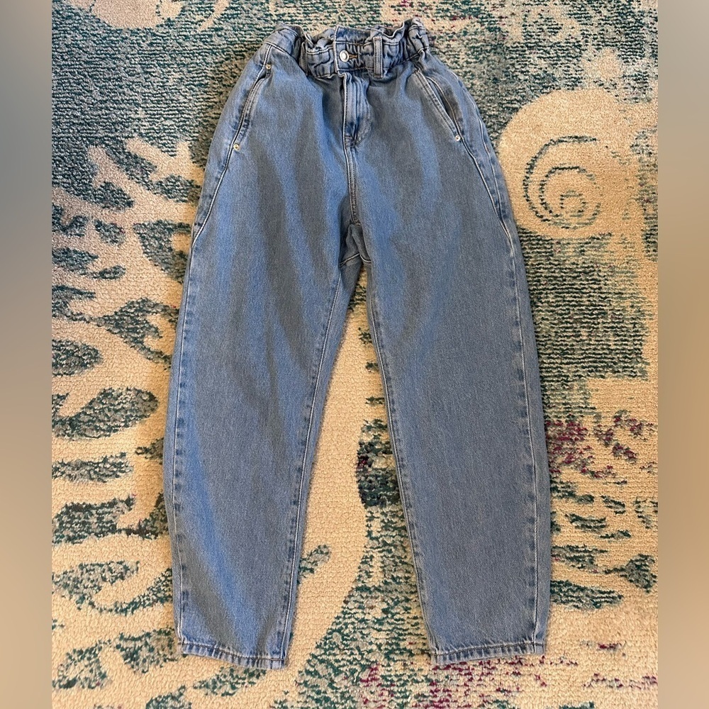 ZARA Paper Bag High-Waisted Barrel Leg Blue Jeans size 0